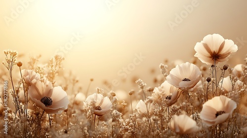 Soft light illuminates a field of delicate, pale poppies and wildflowers at sunset.