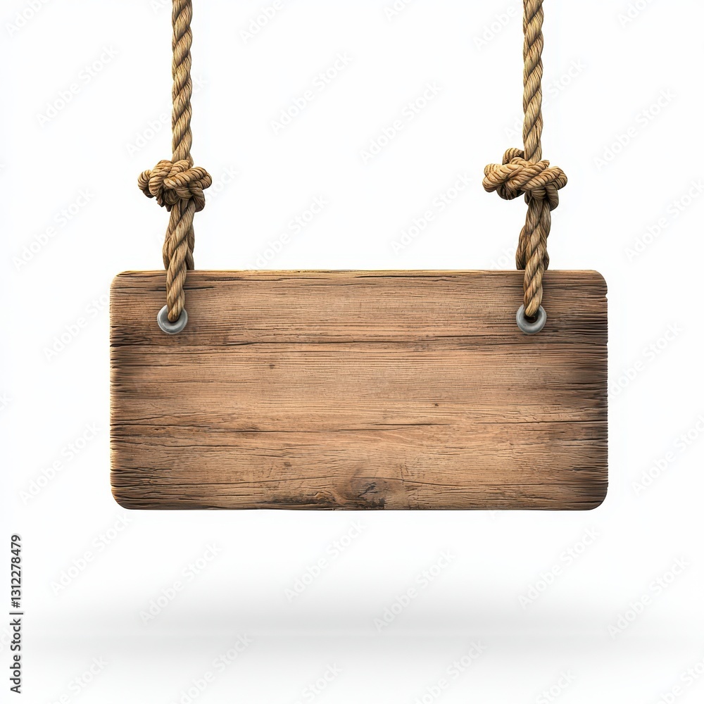 Hanging rope sign with blank wooden board, isolated on clear white background Hanging rope sign with blank wooden board, isolated on clear white background