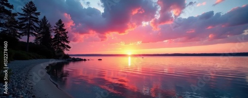 Tranquil shoreline, Michigan lake at sunset Grey and pink clouds above silhouetted trees , Michigan, clouds, evening