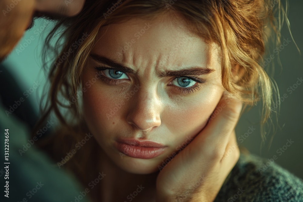 Close-up portrait of young woman with blue eyes looking annoyed and man's hand touching her face Close-up portrait of young woman with blue eyes looking annoyed and man's hand touching her face