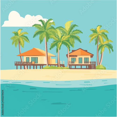 A flat 2D vector of a tropical beach resort with huts and palm trees.