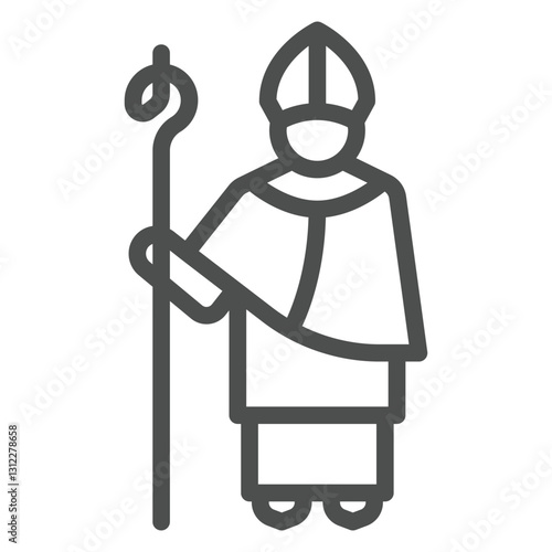 Saint Patrick and stick with staff line icon, greek roman man concept. Vector graphics. Man religion costume sign on white background, outline style icon for mobile or web design.