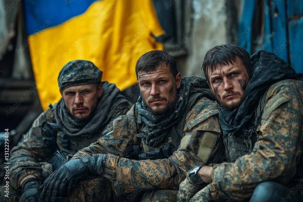 Group of ukrainian soldiers taking a break near a damaged building, with the ukrainian flag visible in the background Group of ukrainian soldiers taking a break near a damaged building, with the ukrainian flag visible in the background