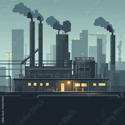 A flat 2D vector of an industrial factory with chimneys releasing smoke.