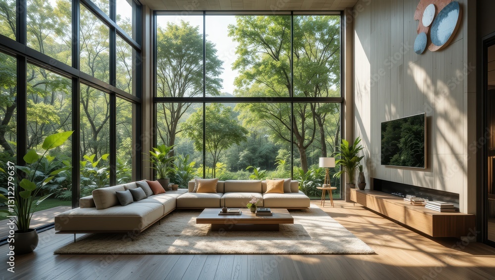 Spacious Modern Living Room Interior with Large Windows and Abundant Natural Light Spacious Modern Living Room Interior with Large Windows and Abundant Natural Light