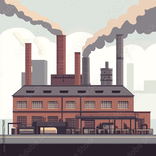 A flat 2D vector of an industrial factory with chimneys releasing smoke.