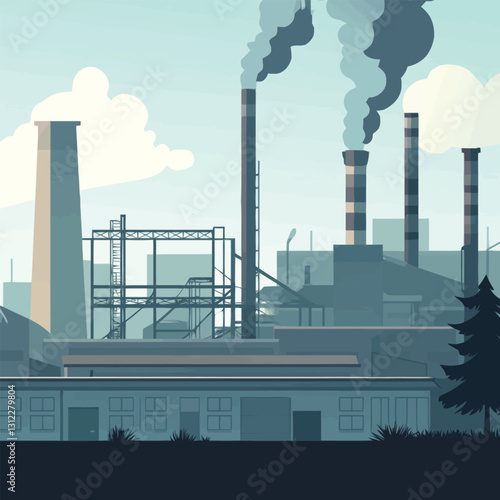 A flat 2D vector of an industrial factory with chimneys releasing smoke.