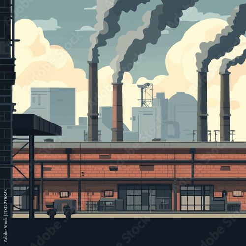 A flat 2D vector of an industrial factory with chimneys releasing smoke.