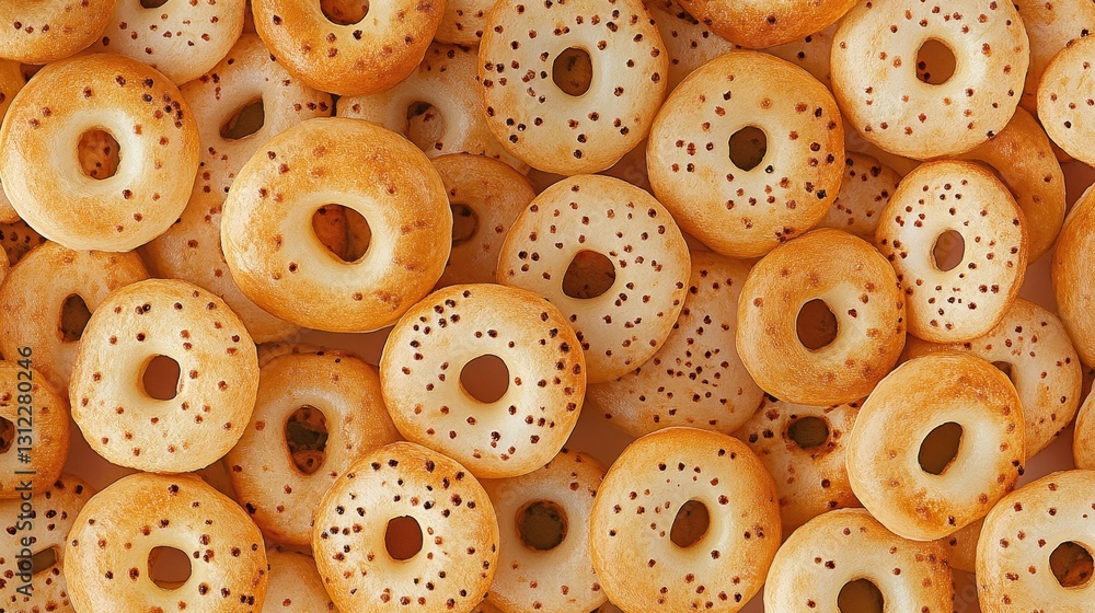 Obraz premium A vibrant collection of freshly baked golden bagels with poppy seeds, showcasing unique textures and appetizing colors, perfect for food photography.