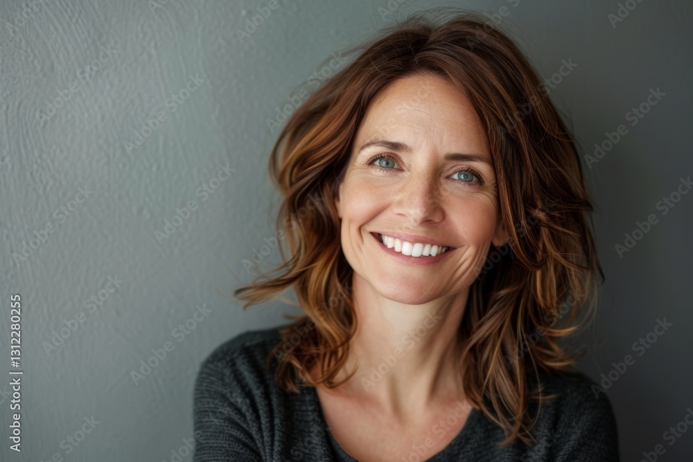 Portrait of a happy caucasian woman in her 40s smiling at the camera in soft gray background Portrait of a happy caucasian woman in her 40s smiling at the camera in soft gray background