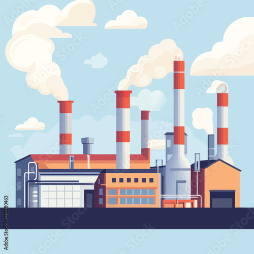 A flat 2D vector of an industrial factory with chimneys releasing smoke.
