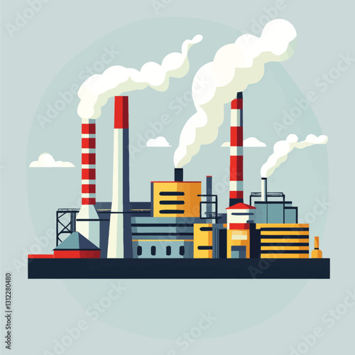 A flat 2D vector of an industrial factory with chimneys releasing smoke.