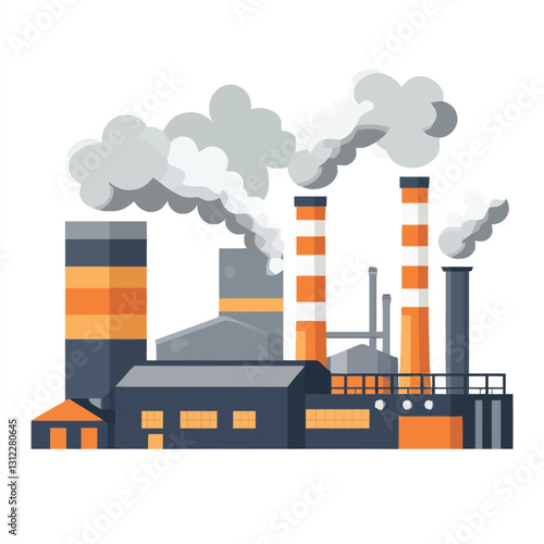 A flat 2D vector of an industrial factory with chimneys releasing smoke.