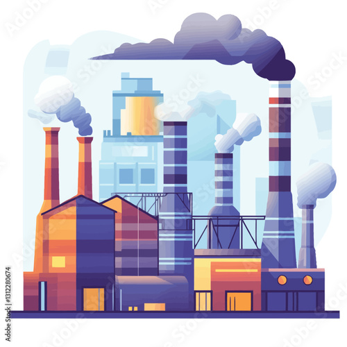 A flat 2D vector of an industrial factory with chimneys releasing smoke.
