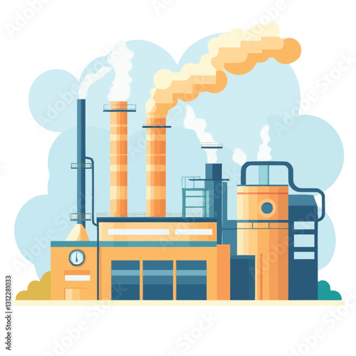 A flat 2D vector of an industrial factory with chimneys releasing smoke.