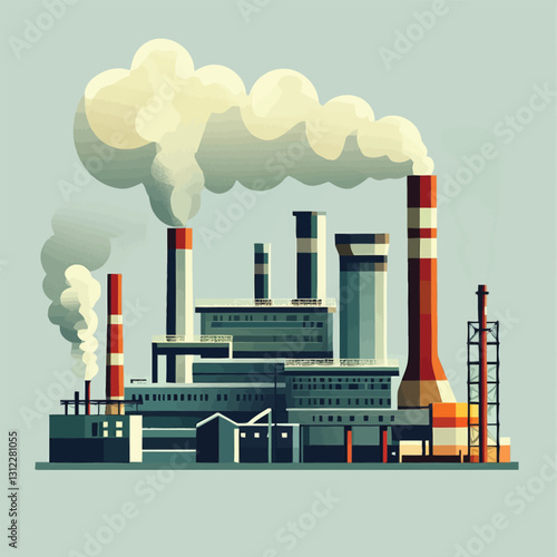 A flat 2D vector of an industrial factory with chimneys releasing smoke.