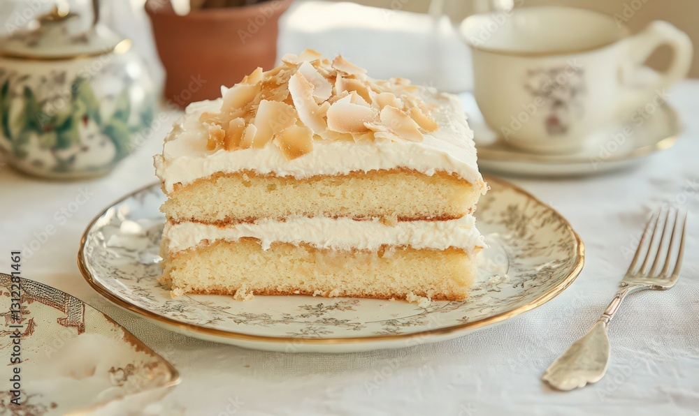 Three Layered Coconut Cake Slice on Ornate Plate with Tea Set Three Layered Coconut Cake Slice on Ornate Plate with Tea Set
