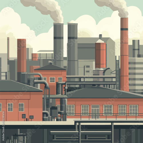 A flat 2D vector of an industrial factory with chimneys releasing smoke.