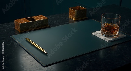 Luxury Desk Setup with Gold Accents and Whiskey Glass on Dark Marble photo