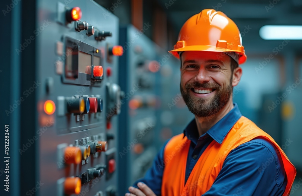 Portrait of proud smiling electrical engineer with beard. Confident man in orange safety vest, helmet stands near equipment in workplace. Industry pro at work. Technical expert with arms crossed. Portrait of proud smiling electrical engineer with beard. Confident man in orange safety vest, helmet stands near equipment in workplace. Industry pro at work. Technical expert with arms crossed.