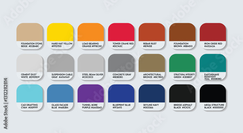 Structural Engineer Color Guide Palette with Color Names. Catalog Sample Structural Engineers with RGB HEX codes and Names. Structural Engineer Color Palette, bright light multicolor Color Palette.