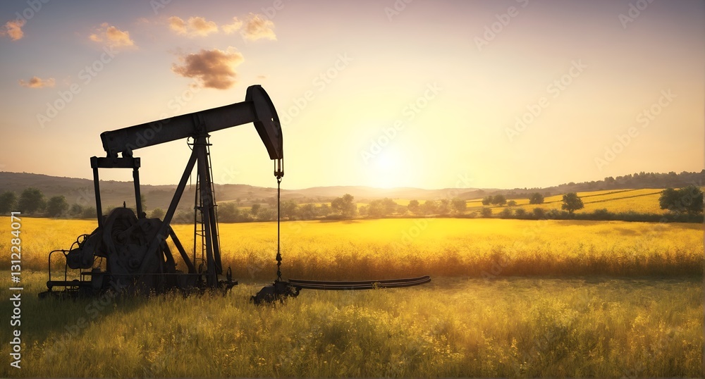 energy and agriculture oil pump in the midst of picturesque countryside fields,