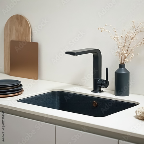 sleek black faucet and matte black kitchen sink in a modern setting