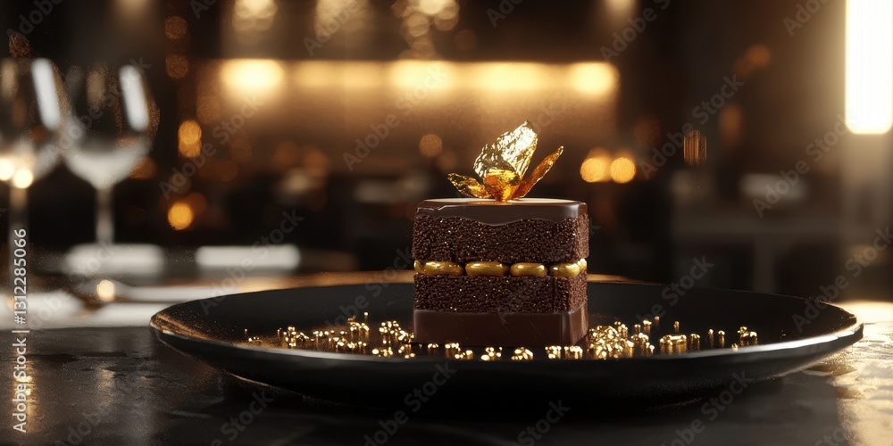 Realistic 3D Icon Cartoon of A Luxurious Tower of Chocolate and Gold Leaf Dessert on a Black Porcelain Plate with a Softly Lit Elegant Dining Background Realistic 3D Icon Cartoon of A Luxurious Tower of Chocolate and Gold Leaf Dessert on a Black Porcelain Plate with a Softly Lit Elegant Dining Background