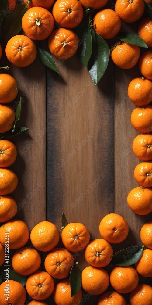 Mandarin fruits, frame form copy space on dark. Top view flat lay