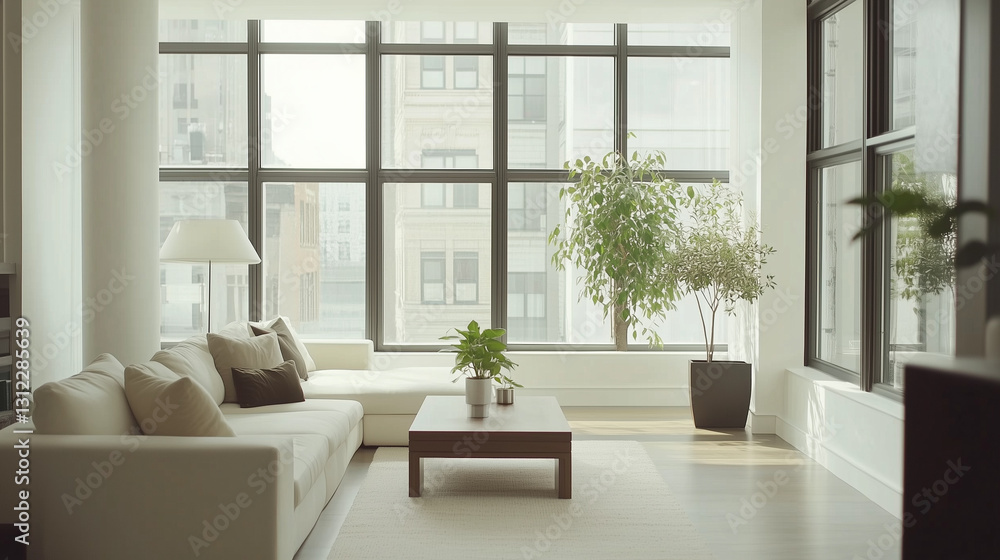 Minimalist living room with clean design and soft light, embodying modern simplicity and elegance. Minimalist living room with clean design and soft light, embodying modern simplicity and elegance.
