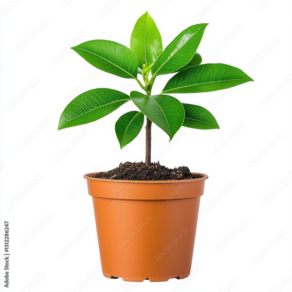 Beautifully isolated mango tree in a pot with fresh green leaves on a white background showcasing natural beauty Beautifully isolated mango tree in a pot with fresh green leaves on a white background showcasing natural beauty