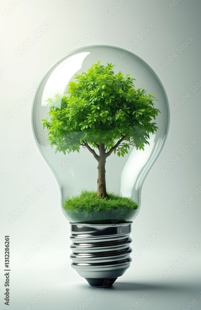 Green tree growing inside light bulb on grey background. Eco alternative energy concept. Sustainable solution for planet. Power consumption innovation. Recyclable materials, eco-friendly resources. Green tree growing inside light bulb on grey background. Eco alternative energy concept. Sustainable solution for planet. Power consumption innovation. Recyclable materials, eco-friendly resources.