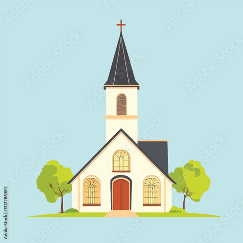 A flat 2D vector of a traditional church with a tall steeple.