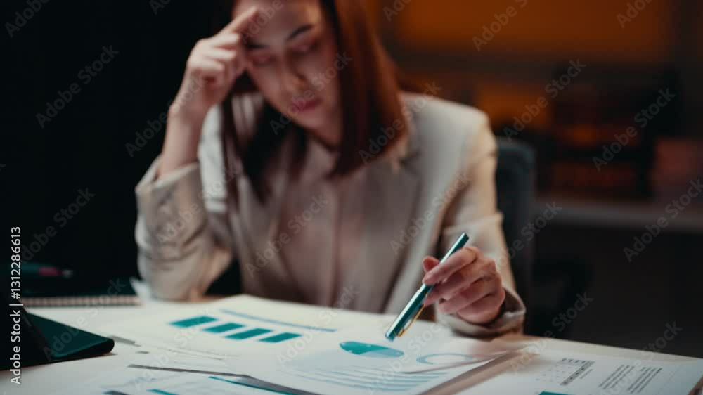 Exhausted businessman analyzing intricate financial reports, exhibiting overwhelming workplace stress and professional burnout during nighttime office work Exhausted businessman analyzing intricate financial reports, exhibiting overwhelming workplace stress and professional burnout during nighttime office work