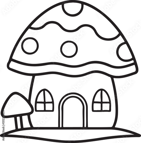 mushroom house line art, black outline, vector and illustration, coloring book page line art drawing