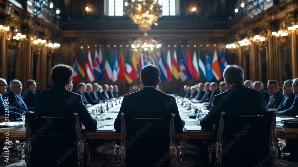International leaders gather for a pivotal meeting in a grand setting