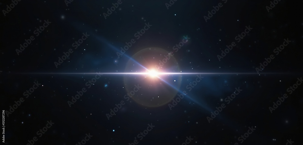 Obraz premium Abstract glowing light effect with lens flare on dark background. Beautiful digital light flare with anamorphic lens flares for photography. Flash in space design with stars and motion.