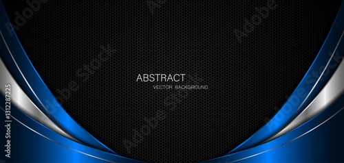 Abstract blue and silver curves on dark steel mesh background. with free space for design. modern technology innovation concept background	