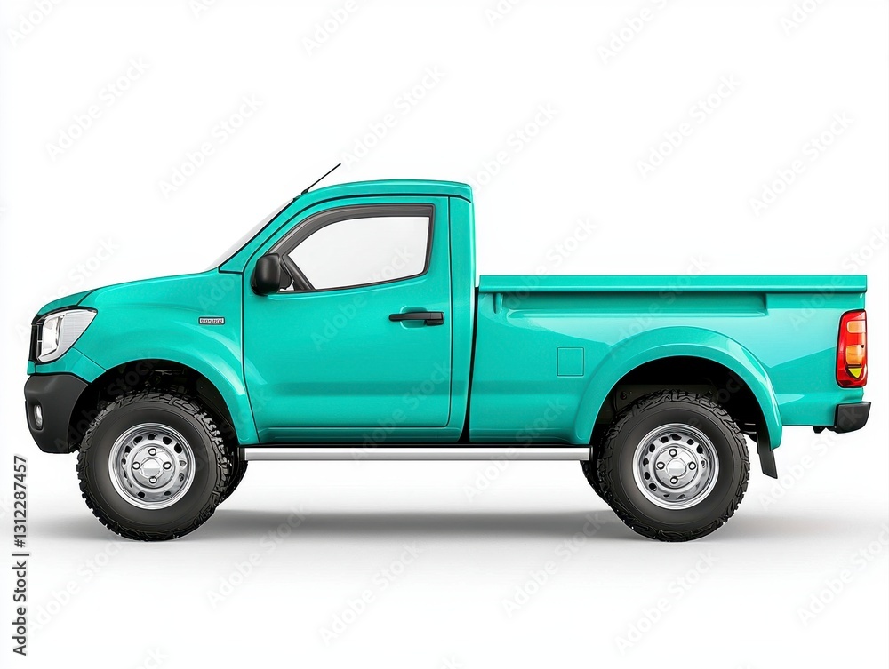 Striking green pickup truck with side step showcasing its robust side profile in isolated context perfect for display Striking green pickup truck with side step showcasing its robust side profile in isolated context perfect for display
