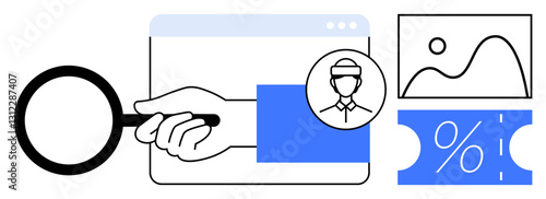 Magnifying glass, hand, profile avatar, analytics graph, percentage symbol, ticket. Ideal for data analysis, digital marketing, customer insights statistics business strategy search optimization