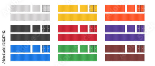 Large shipping containers. Set of cargo containers in different colors. Vector illustration. Isolated on white background