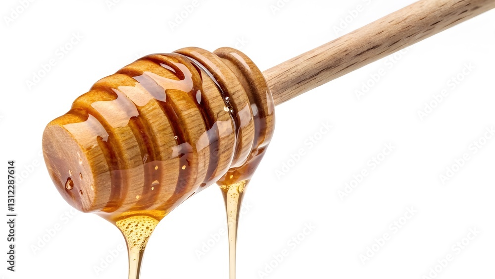 Golden honey dripping from a wooden dipper on white background. Created with Ai Golden honey dripping from a wooden dipper on white background. Created with Ai