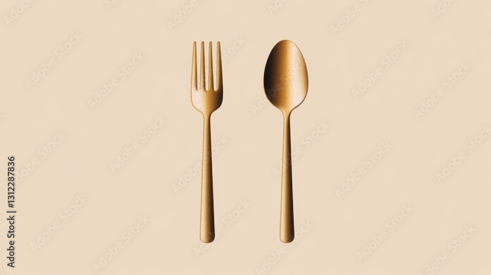Gold fork and spoon on beige background. Elegant cutlery set for dining. Gold fork and spoon on beige background. Elegant cutlery set for dining.