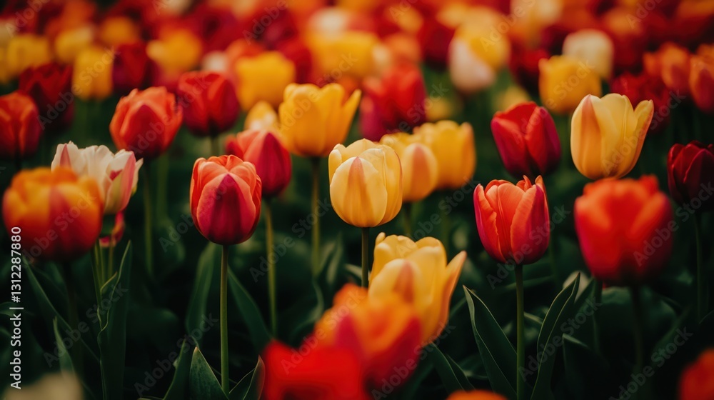 Vibrant field of blooming tulips featuring a spectrum of warm colors Vibrant field of blooming tulips featuring a spectrum of warm colors
