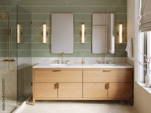 3d render - a modern bathroom with green wall tile and terrazzo wall and floor tile, brass plumbing fixtures , brass mirrors and marble countertop