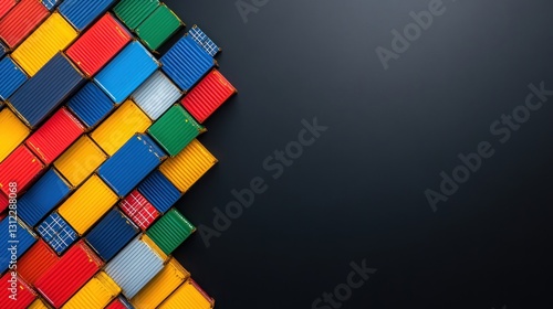 Colorful Cargo Containers Abstract Art: A vibrant mosaic of shipping containers against a dark background, symbolizing global trade and logistics.