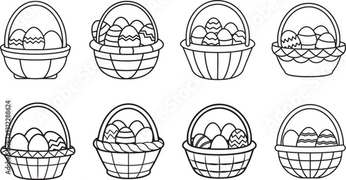 set of basket of easter eggs line art, black outline, vector and illustration, coloring book page line art drawing