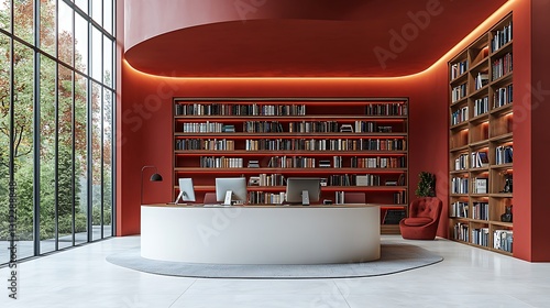 Red Library Office with Bookshelves