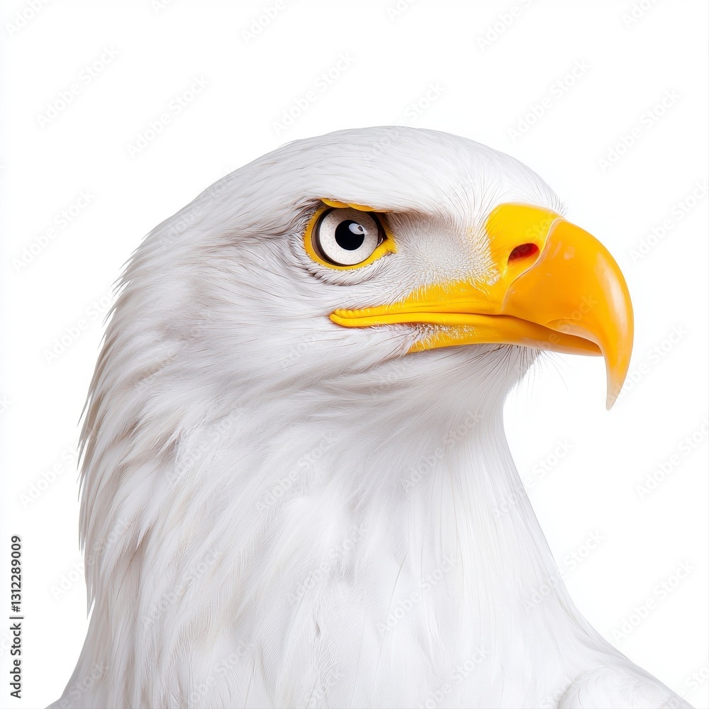 Stunning bald eagle displaying its iconic white head and imposing figure on a bright white background Stunning bald eagle displaying its iconic white head and imposing figure on a bright white background