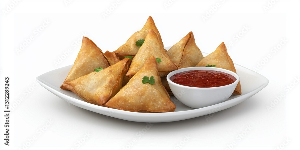 Realistic 3D Icon Cartoon of A Plate of Freshly Made Samosas with Chutney on a White Background Realistic 3D Icon Cartoon of A Plate of Freshly Made Samosas with Chutney on a White Background